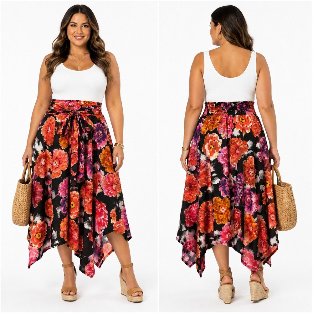Chelsea & Theodore Bold Floral Maxi Skirt Handkerchief Hem Size L Resort Wear